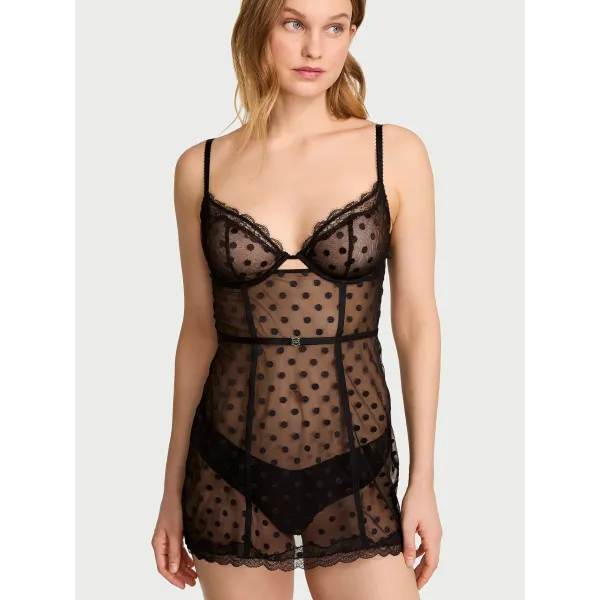 Боді Victoria's Secret Tease Sheer Dot Cupped Mini Slip Black Dots