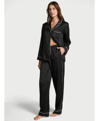 Піжама ( Сорочка + Штани) Victoria's Secret Satin Long Pajama Set Black Logo