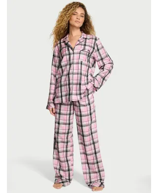 Піжама (Сорочка + Штани )Victoria's Secret Flannel Long Pajama Set Coconut White/Black Gold Lurex Yd Plaid