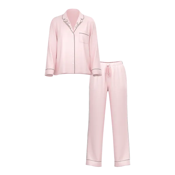 Піжама ( Сорочка + Штани) Victoria's Secret Glazed Satin Long Pajama Set Angel Pink W Collar Embroidery