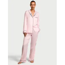 Піжама ( Сорочка + Штани) Victoria's Secret Glazed Satin Long Pajama Set Angel Pink W Collar Embroidery