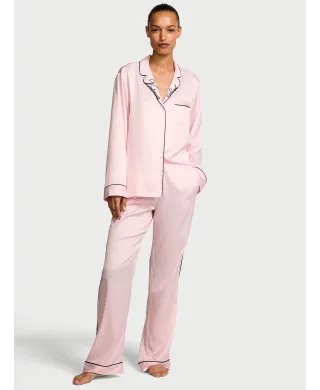 Піжама ( Сорочка + Штани) Victoria's Secret Glazed Satin Long Pajama Set Angel Pink W Collar Embroidery