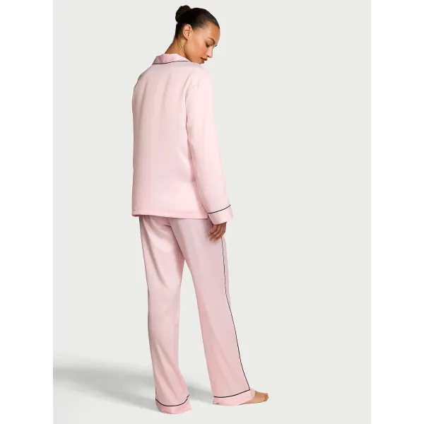 Піжама ( Сорочка + Штани) Victoria's Secret Glazed Satin Long Pajama Set Angel Pink W Collar Embroidery