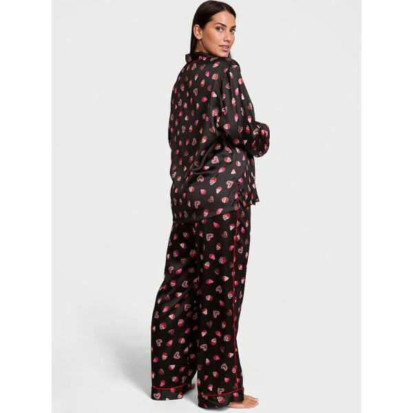 Піжама ( Сорочка + Штани) Victoria's Secret Glazed Satin Long Pajama Set Black Chocolate Strawberries