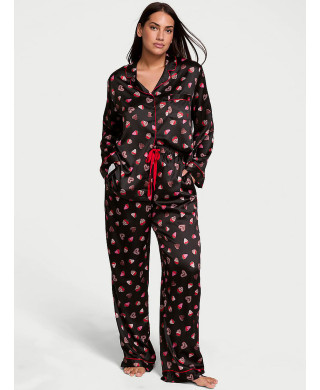Піжама ( Сорочка + Штани) Victoria's Secret Glazed Satin Long Pajama Set Black Chocolate Strawberries