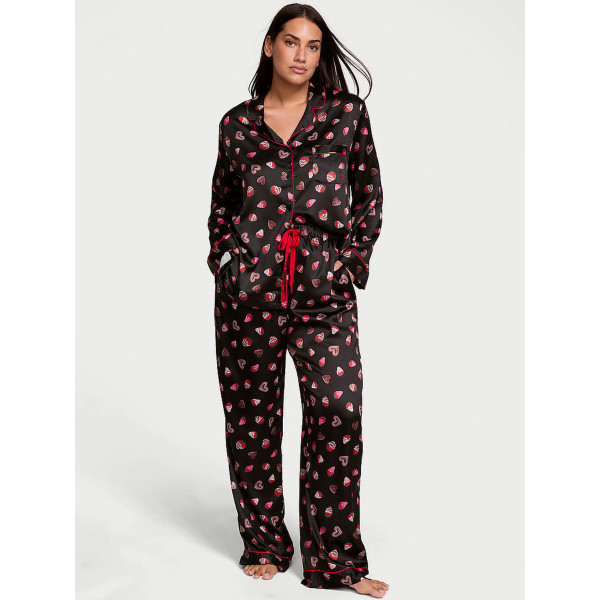 Піжама ( Сорочка + Штани) Victoria's Secret Glazed Satin Long Pajama Set Black Chocolate Strawberries