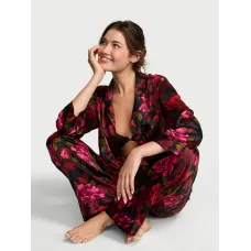Піжама ( Сорочка + Штани) Victoria's Secret Glazed Satin Long Pajama Set Rose/Black Floral