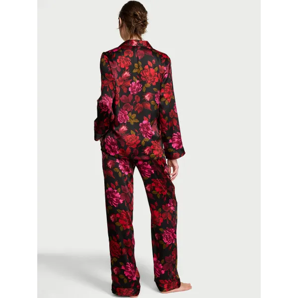 Піжама ( Сорочка + Штани) Victoria's Secret Glazed Satin Long Pajama Set Rose/Black Floral