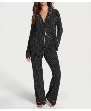 Піжама (Сорочка + Штани) Victoria's Secret Modal Long Pajama Set Black With Ehite Polka Dots
