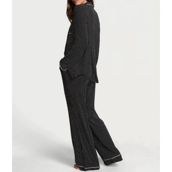 Піжама (Сорочка + Штани) Victoria's Secret Modal Long Pajama Set Black With Ehite Polka Dots