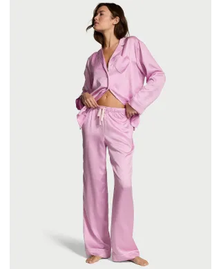 Піжама ( Сорочка + Штани) Victoria's Secret Signature Satin Heart Long Pajama Set Pink Jacquard