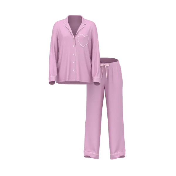 Піжама ( Сорочка + Штани) Victoria's Secret Signature Satin Heart Long Pajama Set Pink Jacquard