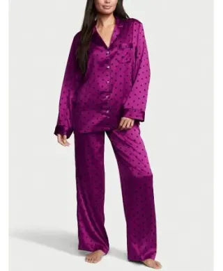 Піжама ( Сорочка + Штани) Victoria's Secret The Satin Long PJ Set Raspberry Cooler Dot