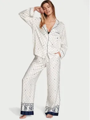 Піжама (Сорочка + Штани ) жіноча Victoria's Secret Satin Long Pajama Set Coconut White Dots