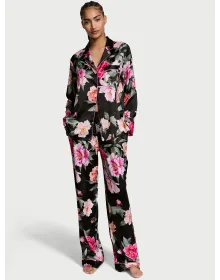 Піжама (сорочка+штани)Victoria's Secret Glazed Satin Long Pajama Black Floral Bouquet