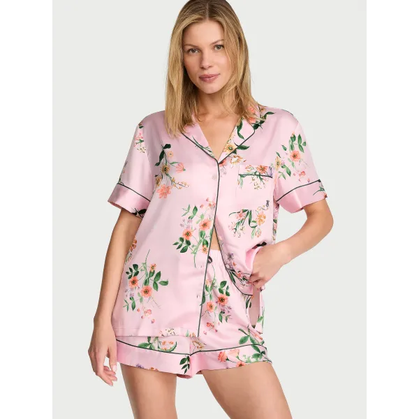 Піжама Victoria's Secret ( Шорти + Рубашка) Signature Satin Short Pajama Set Angel Pink Botanical