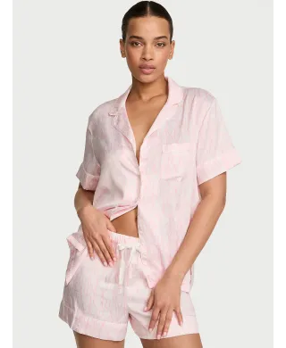Піжама Victoria's Secret ( Шорти + Рубашка) Signature Satin Short Pajama Set Coconut White/Pink Logos