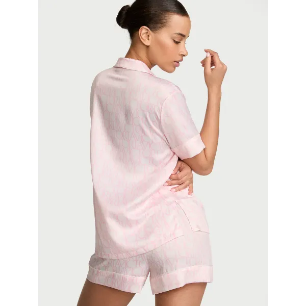 Піжама Victoria's Secret ( Шорти + Рубашка) Signature Satin Short Pajama Set Coconut White/Pink Logos