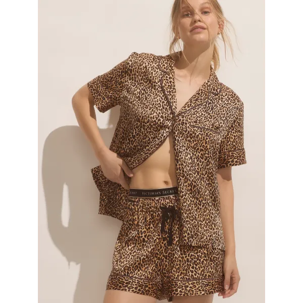 Піжама Victoria's Secret ( Сорочка +Шорти ) Victoria's Secret Glazed Satin Short Pajama Set Marzipan Leopard