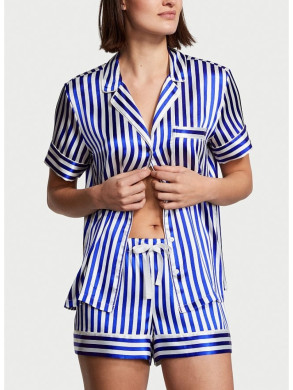 Піжама (Сорочка + Шорти ) жіноча Victoria's Secret Satin Short PJ Set Blue Iconic Stripe