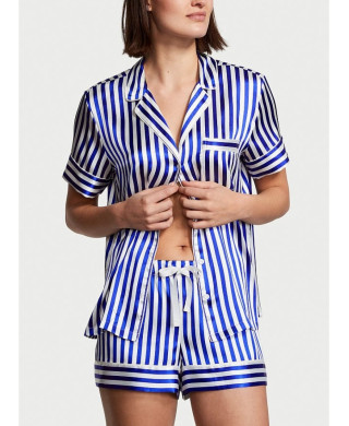 Піжама (Сорочка + Шорти ) жіноча Victoria's Secret Satin Short PJ Set Blue Iconic Stripe