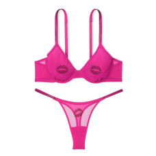 Комплект Бюстгалтер Victoria's Secret Very Sexy Sheer Shine Motif Unlined Low-Cut Demi Bra Fucshia Frenzy + Труси Стрінги Fucshia Frenzy