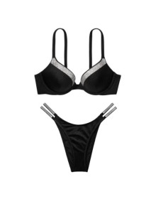 Купальник з камінчиками чорний Victoria's Secret Very Sexy Shine Trim Push-Up + Плавки Бразильяни