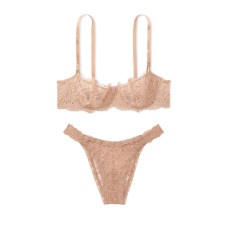 Комплект бежевого кольору Victoria's Secret Wicked Unlined Lace Balconette Bra Push Up without Padding ( пушап без паралону) Praline + трусики бразильяни