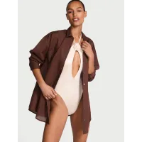 Пляжний костюм Victoria's Secret Swim Boyfriend Shirt Dress+Cover-Up Shorts Burgundy Brown