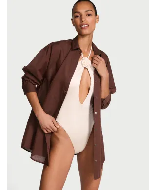 Пляжний костюм Victoria's Secret Swim Boyfriend Shirt Dress+Cover-Up Shorts Burgundy Brown