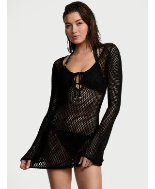 Victoria's Secret Swim Beachwear Crochet Long-Sleeve Mini Dress Black