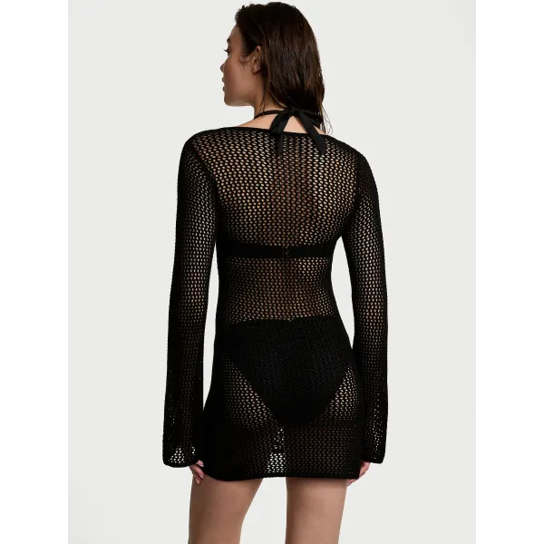 Victoria's Secret Swim Beachwear Crochet Long-Sleeve Mini Dress Black