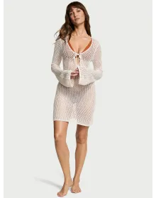 Victoria's Secret Swim Beachwear Crochet Long-Sleeve Mini Dress Natural