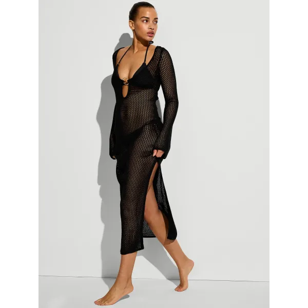 Victoria's Secret Swim Beachwear Crochet Long-Sleeve Maxi Dress Pure Black
