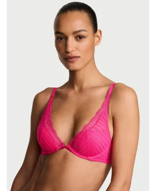 Комплект Victoria's Secret Tease Lightly Lined Sheer Stripe Plunge Bra + Cheeky Panty Enchanted Pink