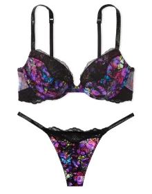 Комплект Victoria's Secret  Push-Up Фіолетовий-Чорний Сатинова Чашка з Мереживом з Блискучими Шлейками