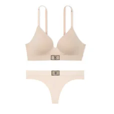 Комплект Victoria's Secret The T-shirt Shine Patch Lightly Lined Wireless Bra+Thong Marzipan