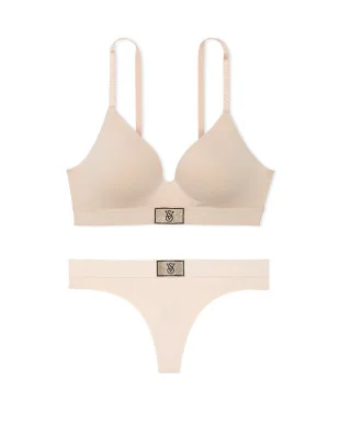 Комплект Victoria's Secret The T-shirt Shine Patch Lightly Lined Wireless Bra+Thong Marzipan