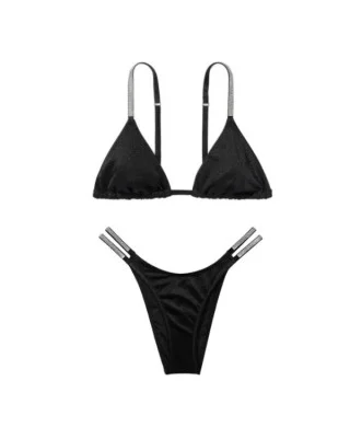 Купальник з камінчками чорний Victoria's Secret Shine Strap Triangle Bikini Top + Плавки Бразильяни